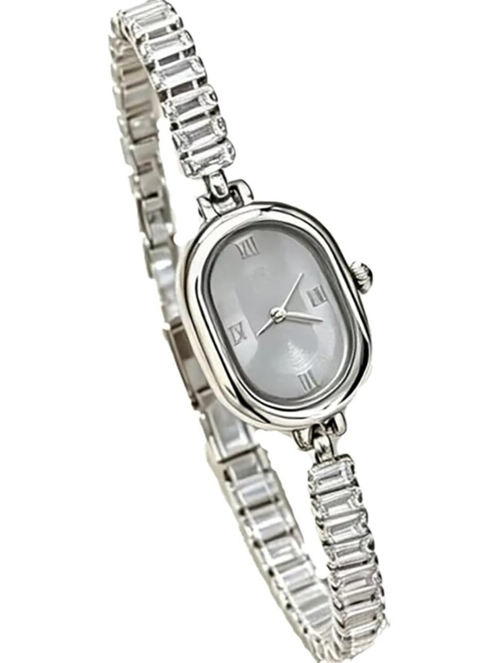 Women's Silver Gray Oval Dial Quartz Sparkling Crystal Bracelet Wrist Watches